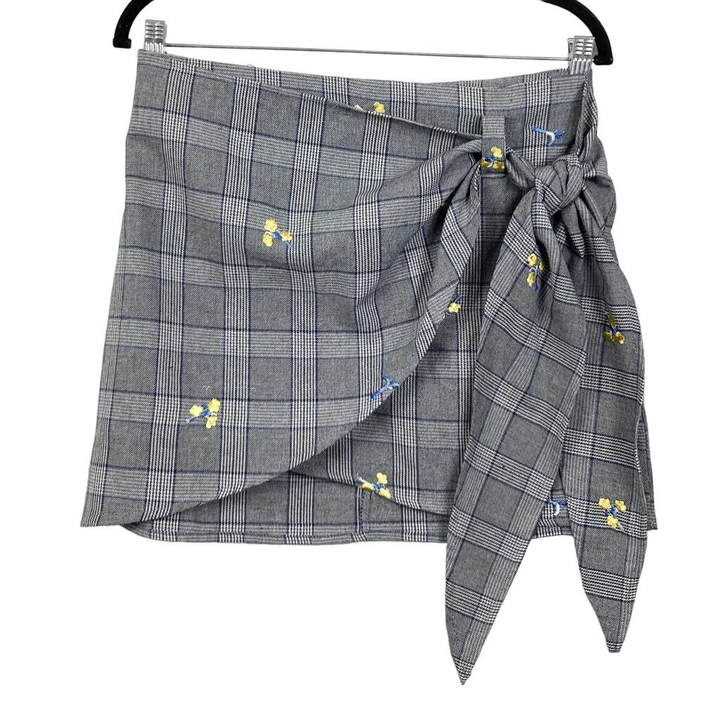 New LUMIERE Skirt S Plaid Floral Embroidery Faux Wrap Bow Tie Knee Zip Grey
